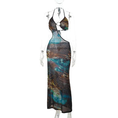 O ring hollow out halter self tie print cut out maxi dress