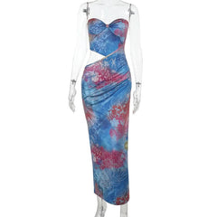 Irregular flower print hollow out slit tube cut out maxi dress