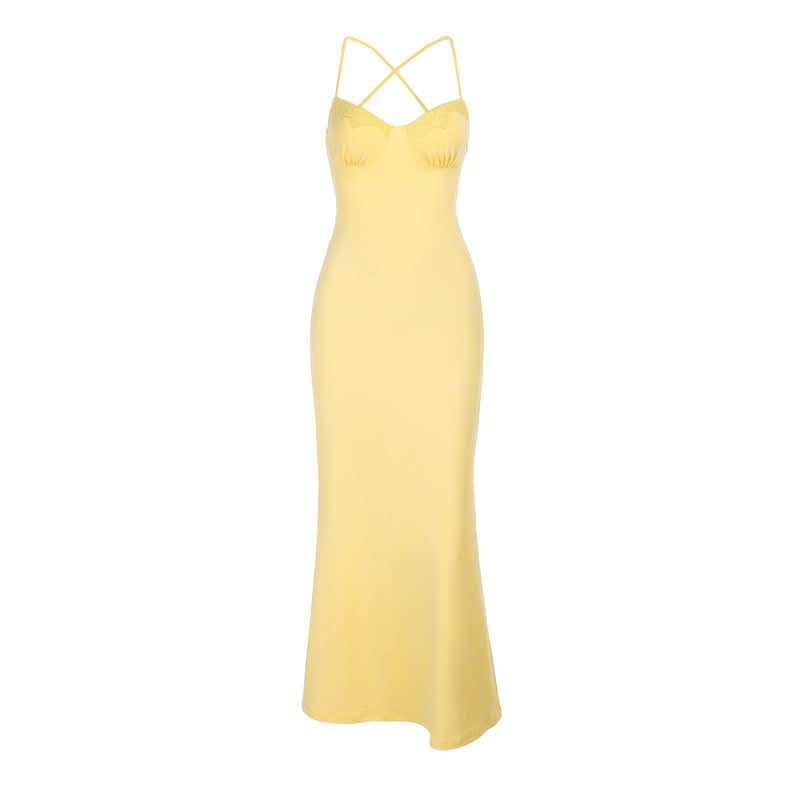 Cross back self tie lace hem v neck cami mini dress