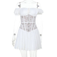 Off shoulder lace button ruched mini dress