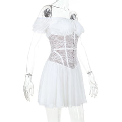 Off shoulder lace button ruched mini dress