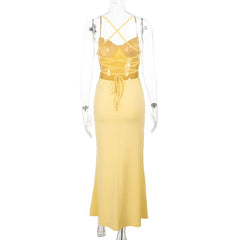 Cross back self tie lace hem v neck cami mini dress