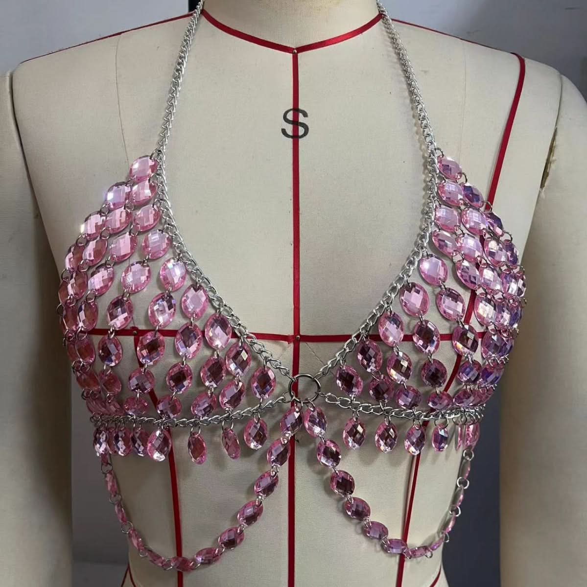 Pink v neck metal chain o ring halter top