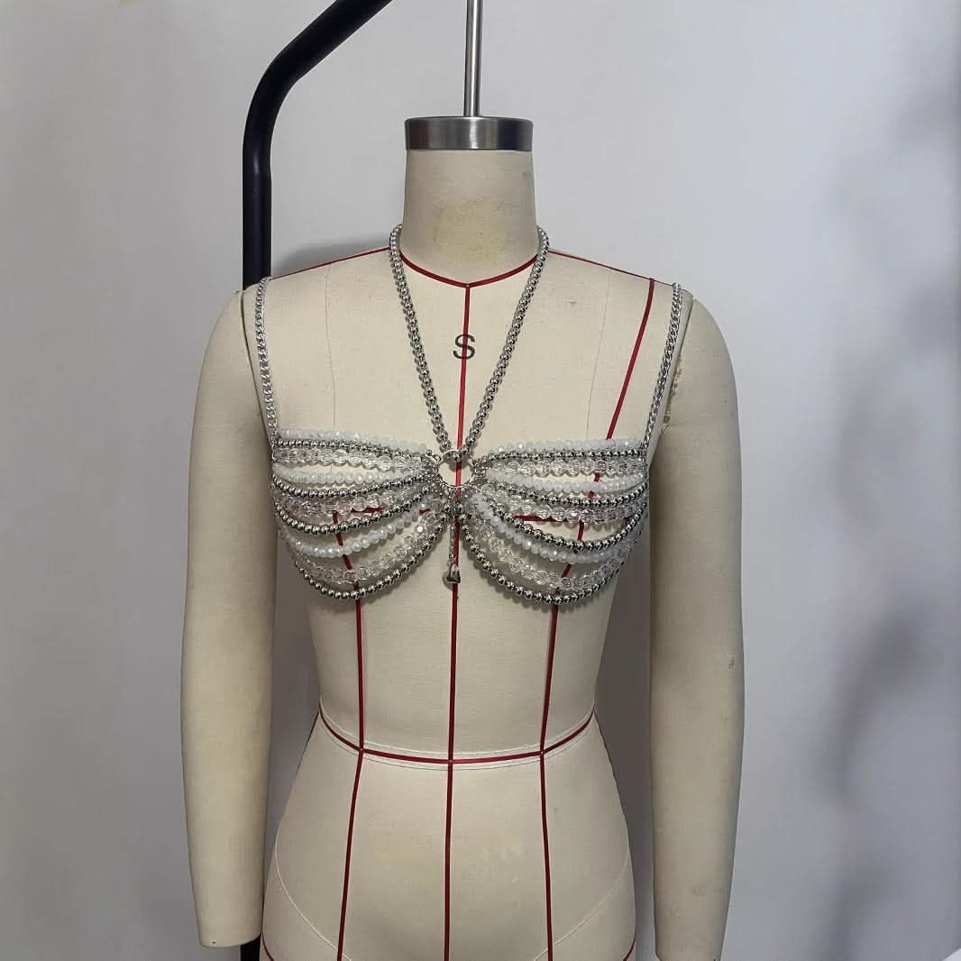 Metal chain beaded o ring halter top