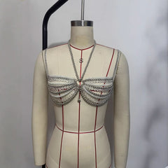 Metal chain beaded o ring halter top