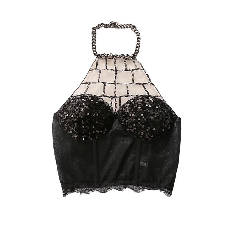 Halter metal chain glitter smocked lace hem top