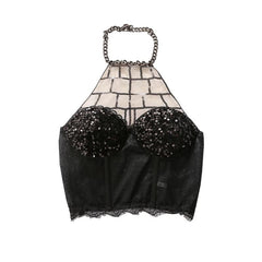 Halter metal chain glitter smocked lace hem top