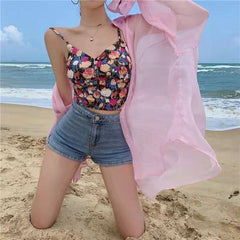 Smocked flower print v neck padded cami top