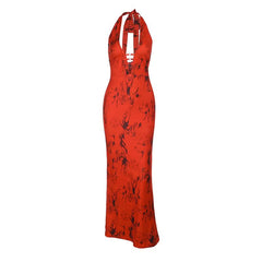 Hollow out halter self tie o ring print cut out maxi dress