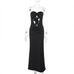 Hollow out ruched sweetheart neck slit cut out maxi dress