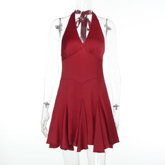 Halter self tie deep v neck bowknot mini dress