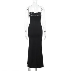 Hollow out ruched sweetheart neck slit cut out maxi dress