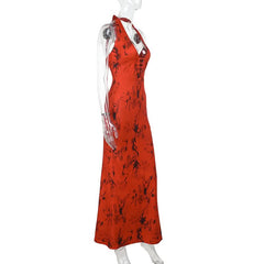 Hollow out halter self tie o ring print cut out maxi dress