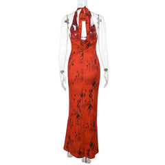 Hollow out halter self tie o ring print cut out maxi dress