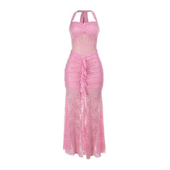 Lace ruched self tie halter v neck maxi dress