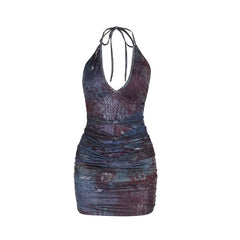 Self tie halter deep v neck print ruched mini dress
