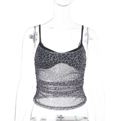 Leopard print ruched u neck mesh cami top
