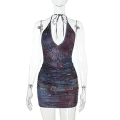 Self tie halter deep v neck print ruched mini dress
