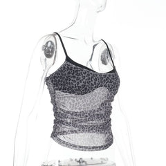 Leopard print ruched u neck mesh cami top