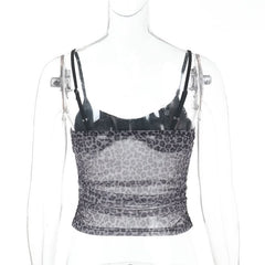 Leopard print ruched u neck mesh cami top