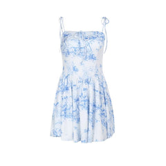 Square neck print self tie cami mini dress