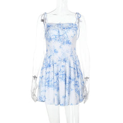 Square neck print self tie cami mini dress