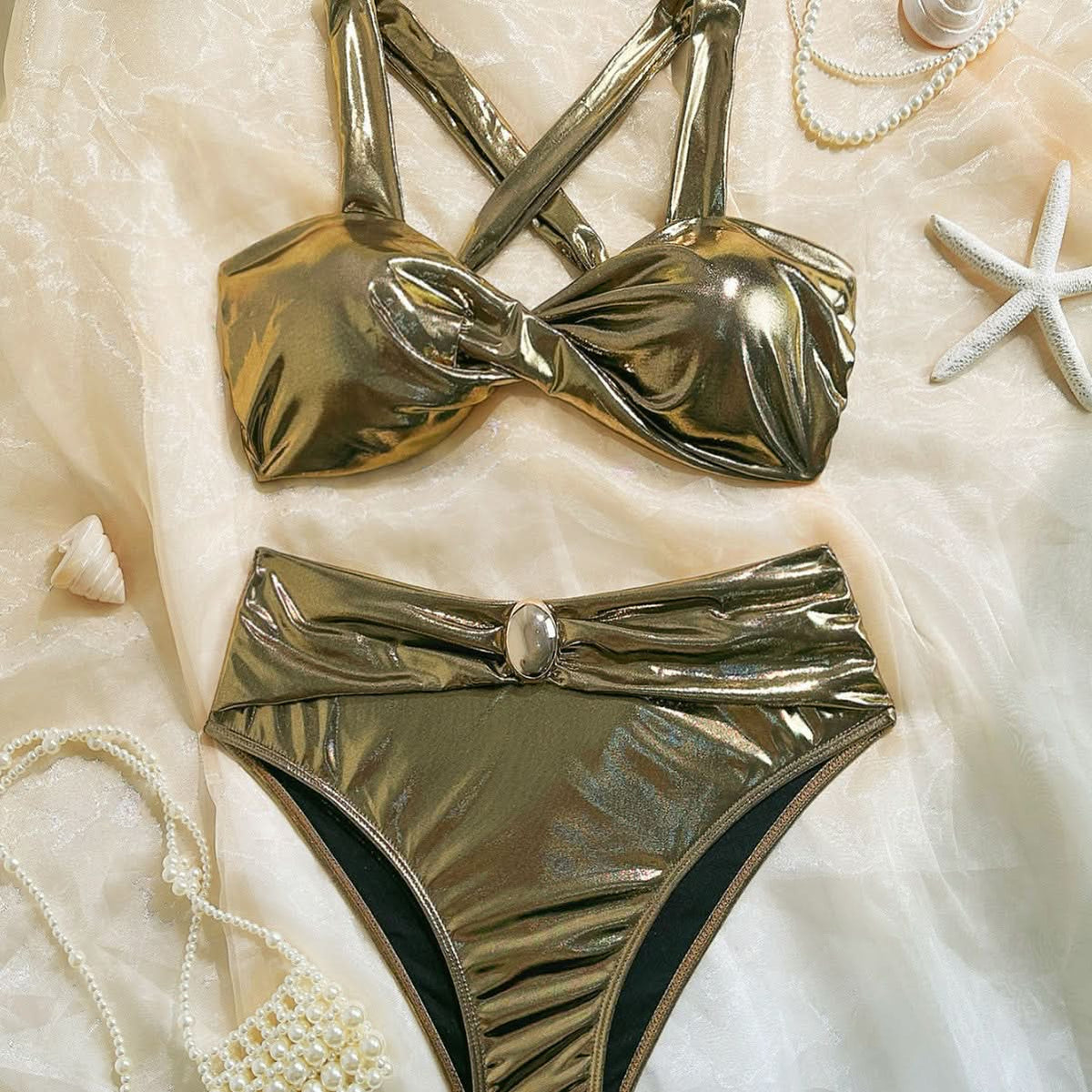 Metallic cross back self tie backless bikini swimwear