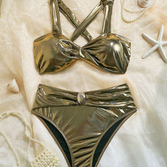 Metallic cross back self tie backless bikini swimwear
