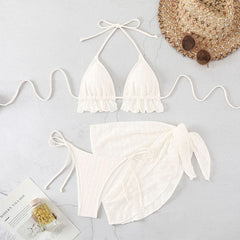 Lace halter self tie v neck 3 piece swimwear