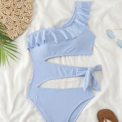 Ruffle one shoulder hollow out striped one piece swimwear