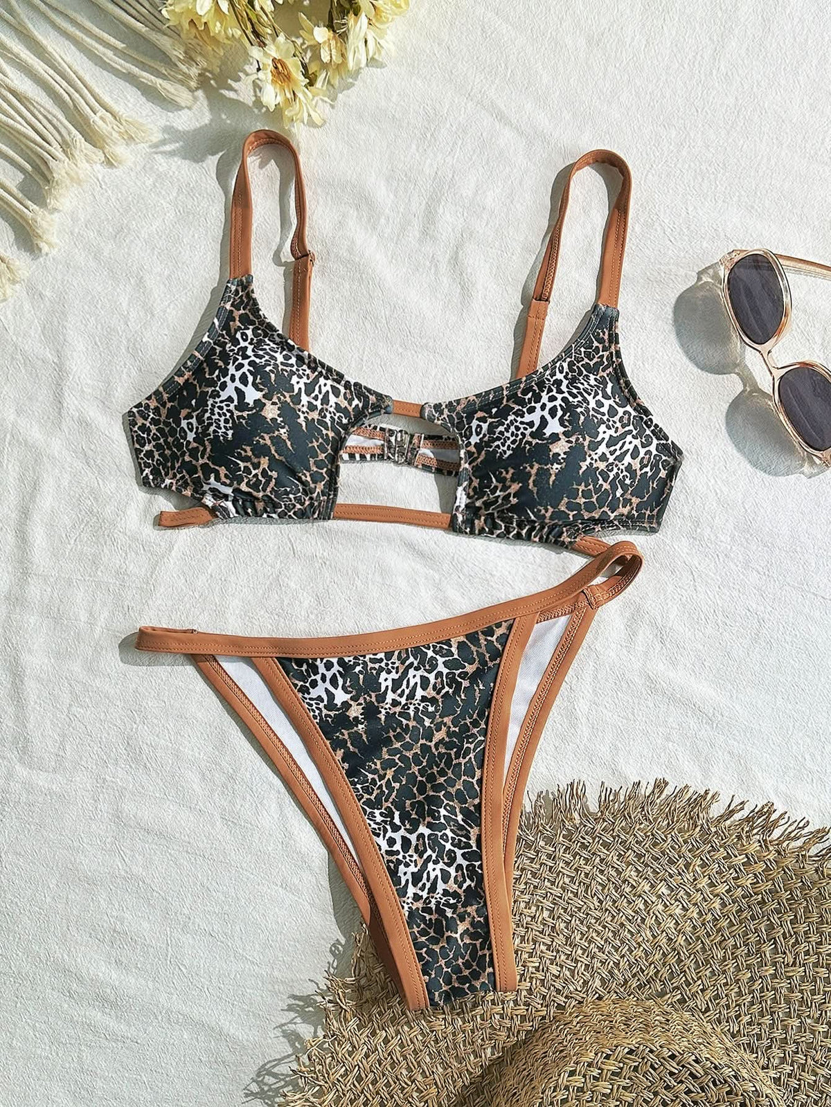 Leopard print hollow out u neck cami bikini swimwear