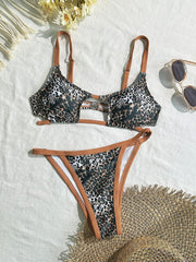 Leopard print hollow out u neck cami bikini swimwear