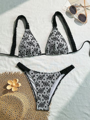 Self tie flower print v neck bikini swimwear