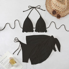 Lace halter self tie v neck 3 piece swimwear