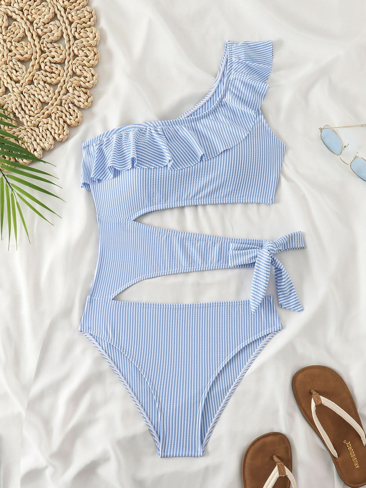 Ruffle one shoulder hollow out striped one piece swimwear