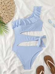Ruffle one shoulder hollow out striped one piece swimwear
