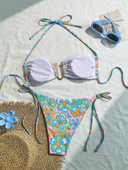 Ruched self tie halter flower print bikini swimwear