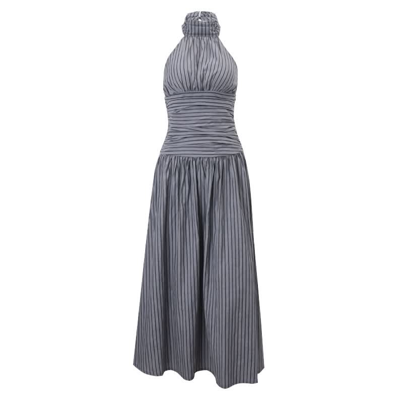 Striped halter ruched smocked maxi dress