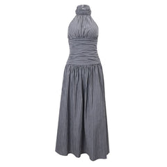 Striped halter ruched smocked maxi dress