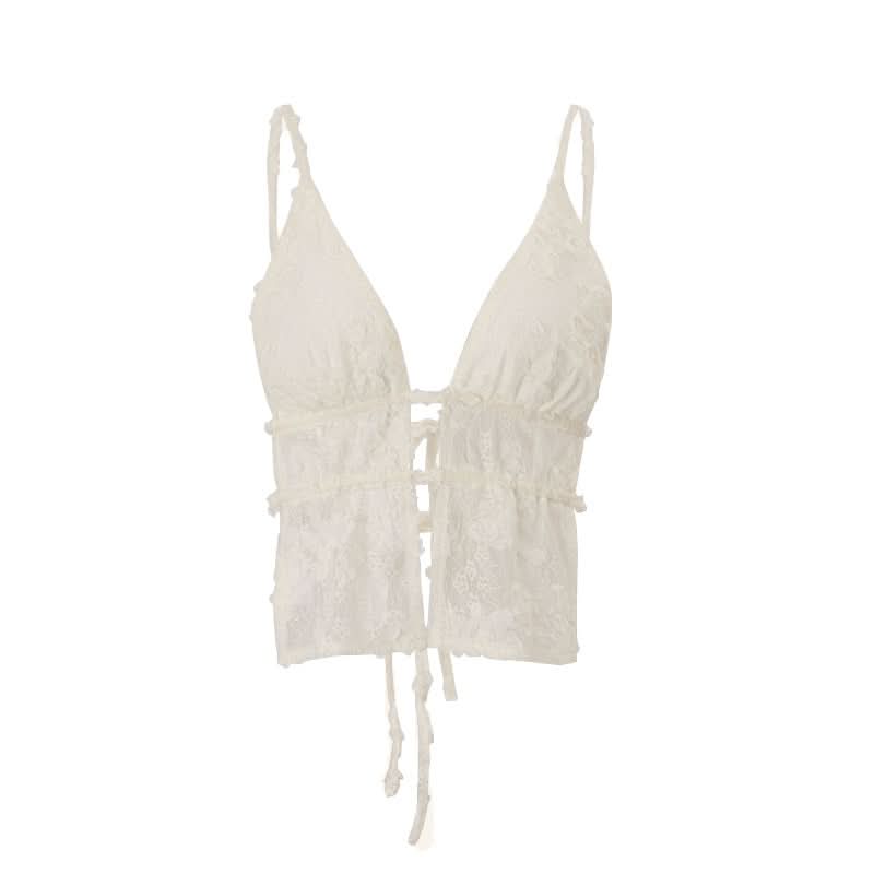 Self tie v neck hollow out lace cami cut out top