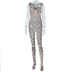 Leopard print hollow out backless cami jumpsuit