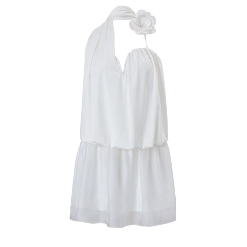 Halter flower applique ruched irregular mini dress