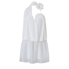Halter flower applique ruched irregular mini dress