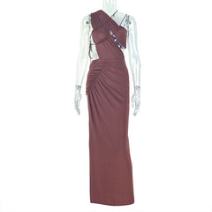 Irregular ruched hollow out slit cut out maxi dress