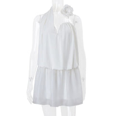 Halter flower applique ruched irregular mini dress