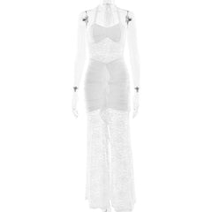 Halter self tie ruched lace v neck maxi dress