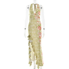 Slit ruffle flower print halter ruched mini dress