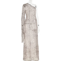 Leopard print long sleeve one shoulder chiffon maxi dress
