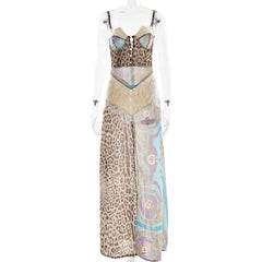 Zip-up slit button lace chiffon cami maxi dress