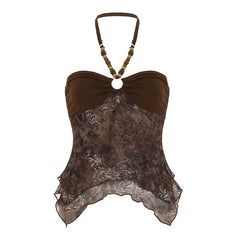 Halter o ring ruched print beaded mesh top